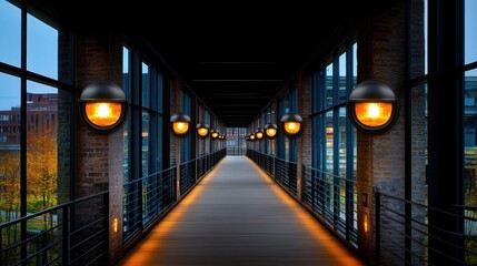 Obraz premium Industrial pathway with modern wall lights at dusk