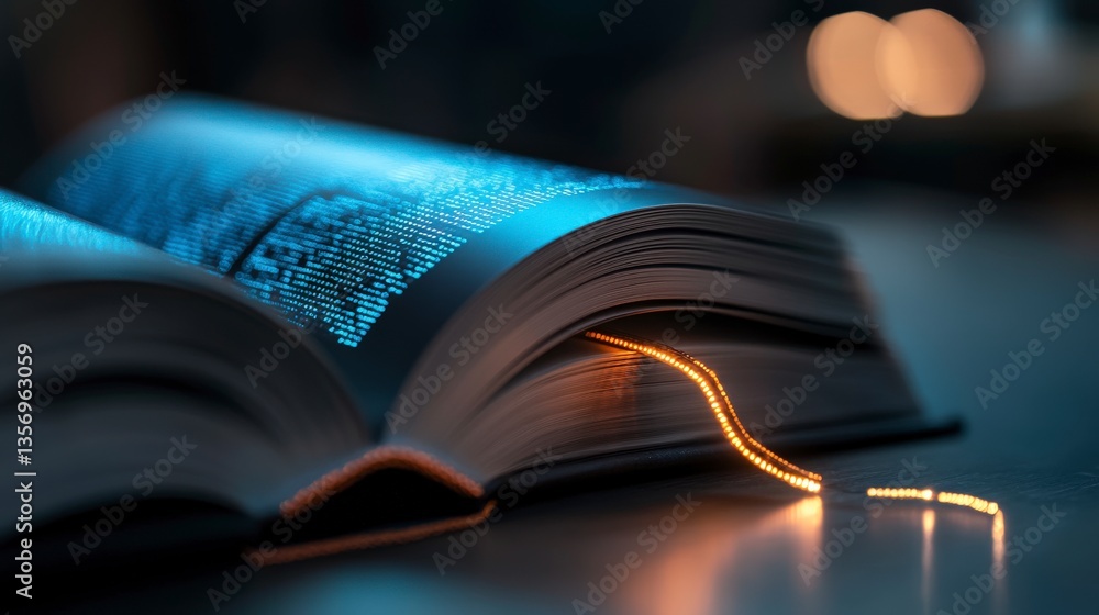 Poster illuminated pages of knowledge: an open book glows with an ethereal blue light, symbolizing knowledg