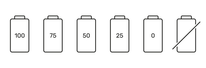 Battery Charge Levels Outline Icon Set. Battery Status Line Symbol Collection. Isolated Vector Illustration