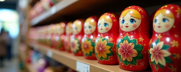Obraz premium Close up of stack of nesting dolls on shelf in souvenir store, retail, miniature