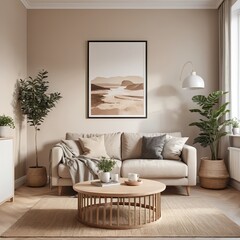 Cozy Beige Living Room Interior with Abstract Landscape Art
