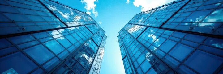Abstract blue steel high-rise, wide angle perspective , highrise, texture