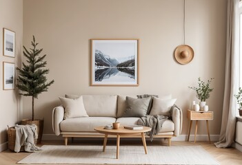 Cozy Living Room Interior with Mountain View Artwork