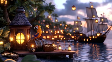 Pirate parrot perched on dock at sunset harbor town