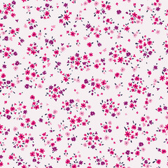 Vector illustration. Ditsy Floral seamless pattern of delicate tiny pink purple flowers on a pastel background, blooming flowers. Liberty pattern for textiles, packaging, fabric, sublimation printing