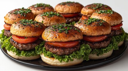 Juicy beef mini sliders with crunchy lettuce, sliced tomato, and tangy special sauce, served on a round platter for a party-ready presentation.  