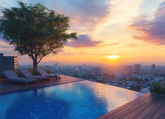 Fototapeta premium A luxury hotel swimming pool with a wooden deck and sun loungers overlooking the city of Chiang Mai at sunset, Thailand. High-quality photo. Ultra-realistic photography.