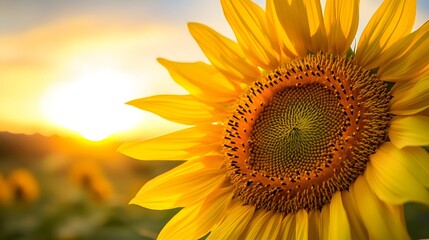 Obraz premium Closeup of sunflower in full bloom with golden sunset background.
