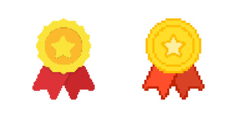 Award Medal Pixelated Icon Set. Pixel Art Symbol Collection Of Award Medals With Stars And Ribbon Accents. Isolated Vector Illustration