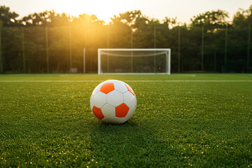 Obraz premium Soccer Ball on a Green Field: A Moment of Anticipation and Potential Before the Start of a Game