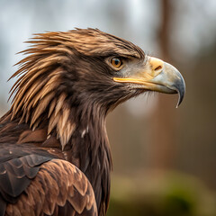 Fototapeta premium Photorealistic eagle profile with brown-golden feathers and a strong beak, set against a blurred natural background.