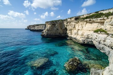 Fototapeta premium seaside cliff concept Coastal cliffs meet clear blue waters under a bright sky with scattered clouds.