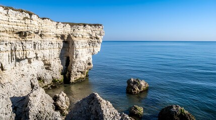 Fototapeta premium seaside cliff concept Cliffside overlooking a calm sea under a clear blue sky.