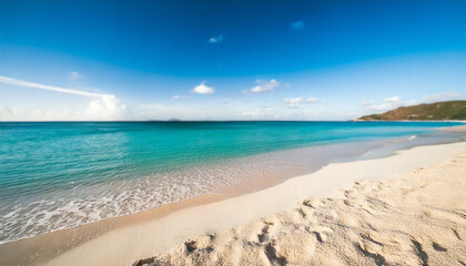 Obraz premium defocused Illustration of a Tropical Beach Paradise: Serene Coastal Scene with Golden Sands, Azure Waters, and Distant Island Under a Clear Blue Sky.