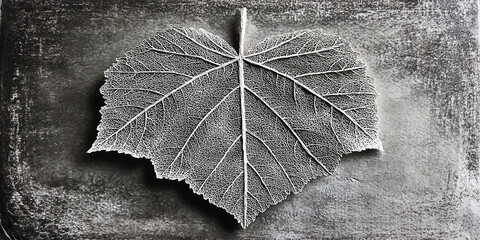Detailed close-up of a textured leaf on a dark background, showcasing intricate veins and patterns