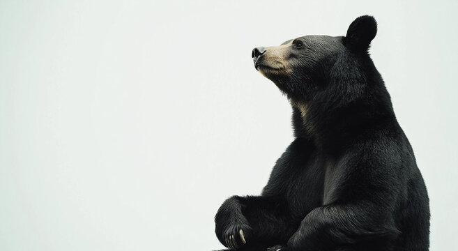 Foto de urso preto em uma pose fofa contra um fundo branco limpo, capturando o corpo inteiro de um urso grande, perfeito para adicionar um toque de natureza aos seus designs