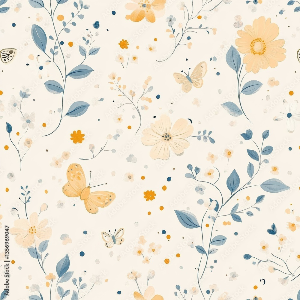 Poster Delicate spring flowers and tiny butterflies creating a seamless baby pattern in soft pastel tones with a vintage botanical aesthetic Generative AI