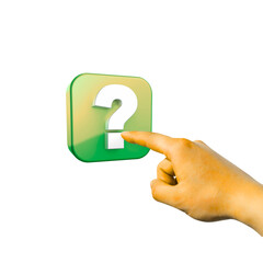 Hand holding a question mark symbol representing help, support, and search for answers in a 3D...