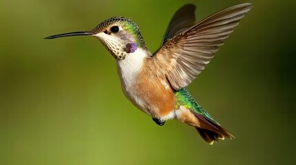 Fototapeta premium A close-up of a hummingbird hovering near colorful blossoms.
