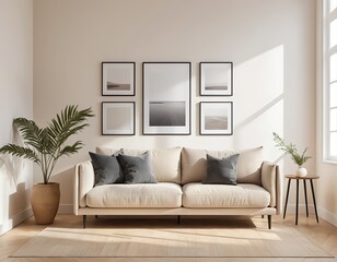 Minimalist Living Room Interior with Beige Sofa and Artwork