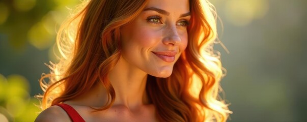 Cascading auburn tresses, sunlight highlights , shine, mesmerizing