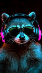 Raccoon Grooving in the Dark Neon Lights, Stylish Sunglasses and Headphones on a Cool Wild Animal