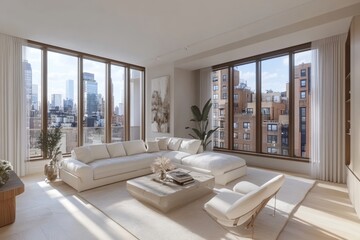 Fototapeta premium Elegant and contemporary living room with large windows showcasing a city view, exuding comfort and modern design