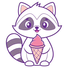 Cartoon Cute Raccoon Holding Ice Cream Cone, Striped Tail, Isolated on White Background
