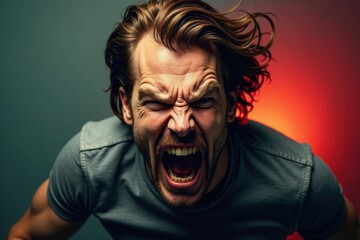 Furious figure, face contorted in rage, hair wild , indignation, upset