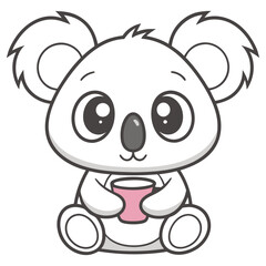 Cute Cartoon Koala Character Holding Pink Cup Illustration, Isolated on White