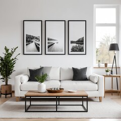 Modern Living Room Interior with White Sofa and Black and White Framed Art