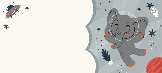 Space kids poster.Animal astronauts in among the stars and comets,Giraffe.A postcard, a flyer, an invitation.Vector cartoon flat illustration.