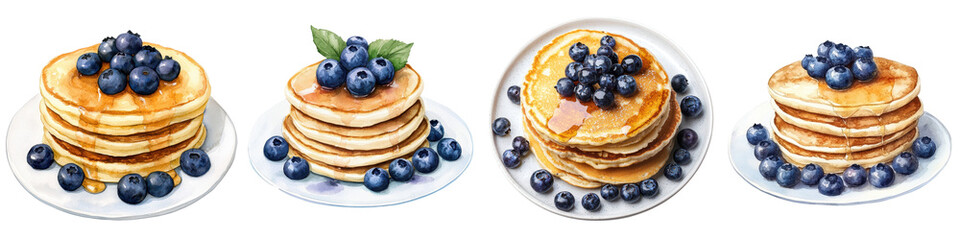Mouthwatering stacks of golden fluffy pancakes topped with an abundance of ripe juicy blueberries   a delightful breakfast or dessert treat