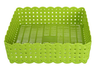 Green small plastic storage  basket for multipurpose usage on transparent background