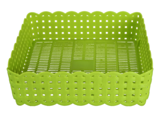 Green small plastic storage  basket for multipurpose usage on transparent background
