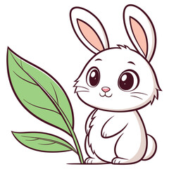 Cute Cartoon White Bunny Rabbit with Big Eyes Near a Large Green Leaf