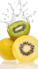 Kiwi halves stacked with splash on white. Food photography for healthy eating and fresh background