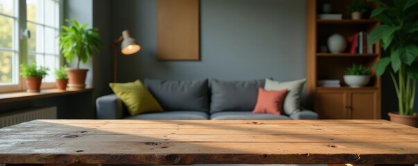 Rustic wooden desk, empty, living room backdrop, home, photo
