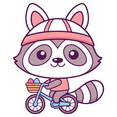 Charming Raccoon Rides Blue Bicycle with Eggs in Front Basket, Isolated on White