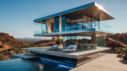 Obraz premium A stunning modern glass house with a pool offers serene views of the mountains under a clear blue sky.