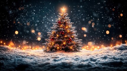Naklejka premium Snowy night scene with a decorated Christmas tree glowing warmly amidst falling snow