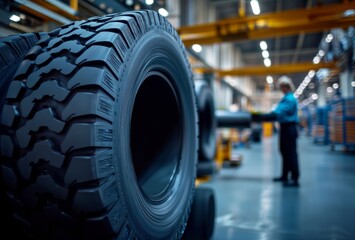 Tire manufacturing. Close-up of large industrial tire tread pattern in production facility with worker in background, showing rubber manufacturing process.