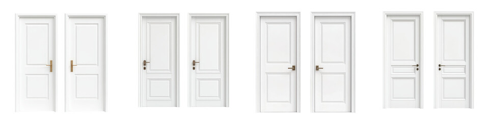 Elegant rows of white wooden interior doors with classic panel designs creating a harmonious and minimalist aesthetic in a modern home or building