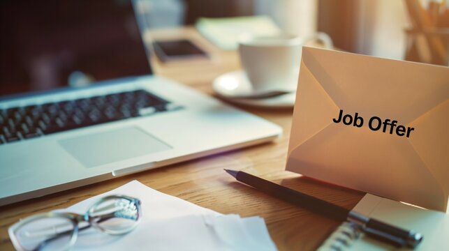 Close-up of a glowing envelope with a "Job Offer" stamp on a clean desk, symbolizing career opportunity and new beginnings in professional life.