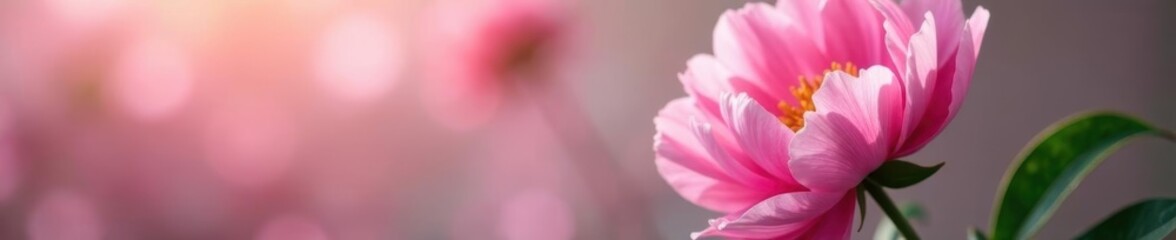 Soft pink peony blossoms, lush petals, blurred background, vivid, design