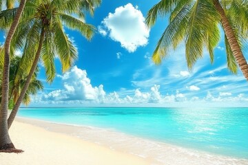 Tropical island paradise sea beach, ocean water, green coconut palm tree leaves, sand, sun blue sky cloud, beautiful nature panorama landscape, Caribbean, Maldives, Thailand, summer holidays, vacation