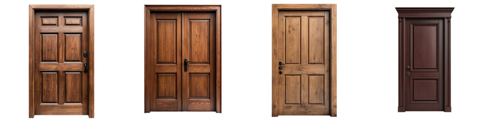 Obraz premium A collection of wooden doors featuring traditional panel designs and architectural details showcasing different styles and finishes for residential and commercial entrances