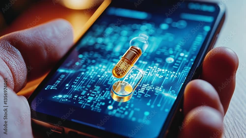 Poster hand holds a smartphone displaying a digital capsule on a futuristic interface, symbolizing the inte