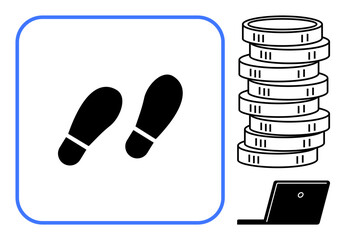Black footprints suggest progress, paired with stacked coins symbolizing wealth and a laptop for digital integration. Ideal for finance, progress, technology, savings, planning, learning, growth