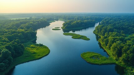 Obraz premium Serene aerial view of a winding river flowing through lush green forest, dotted with tranquil islands